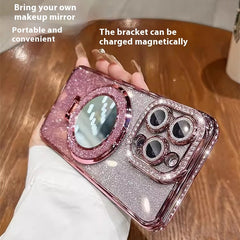 Funda protectora con purpurina para teléfono con soporte para espejo de maquillaje