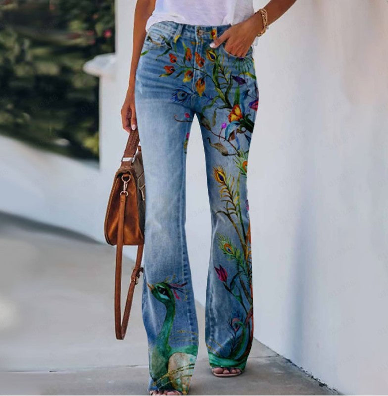 Pantalon d'été à imprimé fleurs et oiseaux pour femme