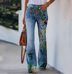 Pantalon d'été à imprimé fleurs et oiseaux pour femme