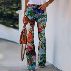 Pantalon d'été à imprimé fleurs et oiseaux pour femme